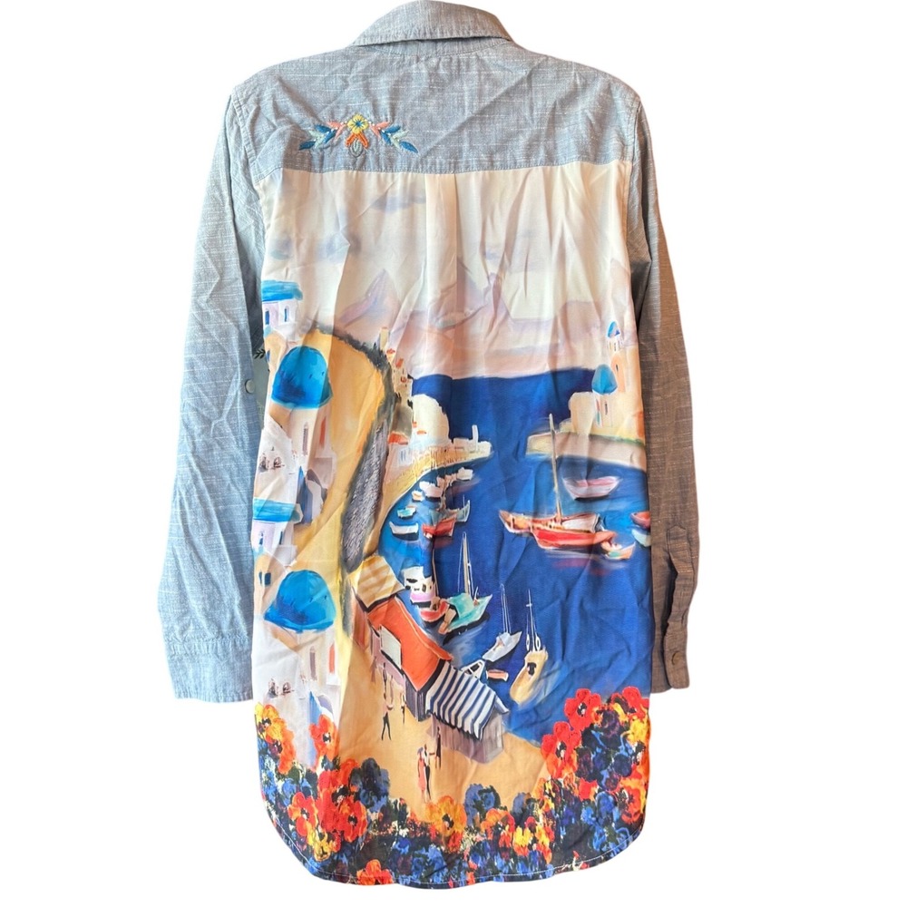 Soft Surroundings Embroidered Coastal Button Up Shirt Blue Women's Size Medium